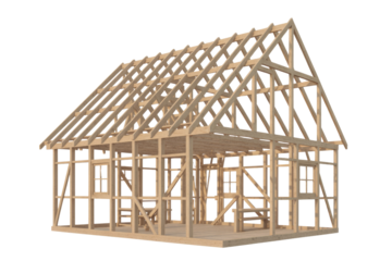 A timber frame house structure, showcasing exposed wooden beams, columns, and roof trusses on a transparent background. Unfinished building construction. background removed