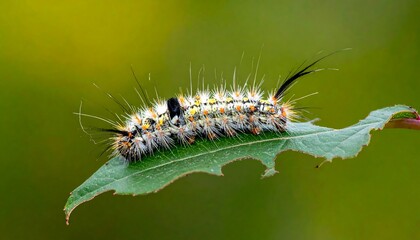 Fluffy caterpillar rests on a chewed green leaf against a soft green background