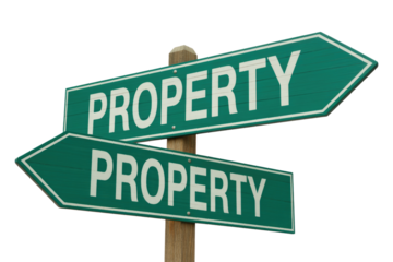A directional signpost features two green arrow signs on a wooden pole, both clearly labeled "PROPERTY," symbolizing choices or paths. background removed