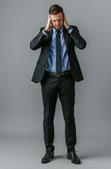 Zestresowany mężczyzna w garniturze trzymający się za głowę – emocje, presja i problemy w życiu zawodowym