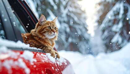 Fluffy orange cat rests on a red car's window sill, snowy forest backdrop, bright sunlight