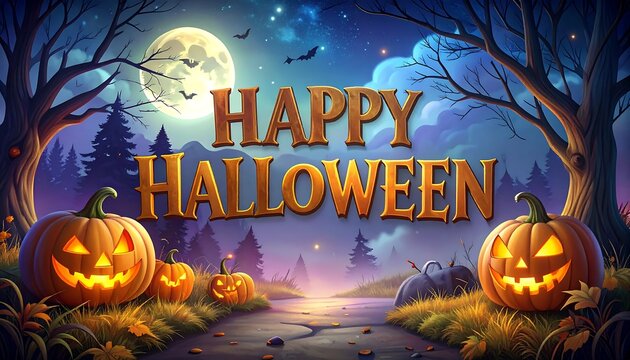 Festive Halloween scene with carved pumpkins, a full moon, and spooky trees against a starry night sky