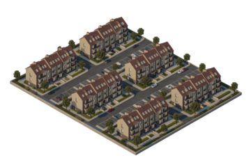 An isometric 3D render depicting a modern residential complex with multiple multi-story townhouses, roads, parking spaces, and landscaping elements. background removed