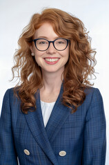  Portret uśmiechniętej kobiety w okularach i garniturze – nowoczesny wizerunek biznesowy i korporacyjny