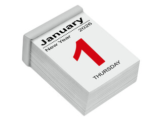 Calendar 2026  January 1  New Year Thursday isolated on transparent background PNG cut out