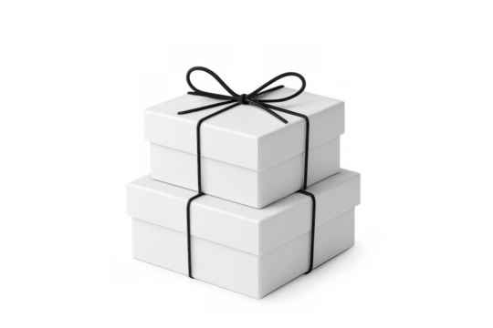 White gift boxes stacked with black ribbon bow creating a minimalist design, celebrating holidays, birthdays, and special occasions