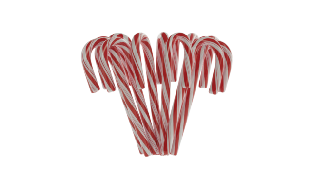 A vibrant collection of red and white striped candy canes arranged like a fan on a solid transparent background, evoking holiday cheer. background removed