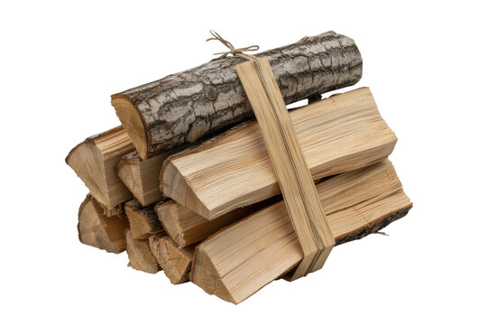 A neat stack of firewood logs, both split and one with bark, bound together with twine, against a transparent background. background removed