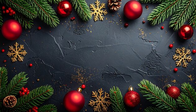 Festive holiday composition with red ornaments, pine boughs, and golden snowflakes on a dark textured background