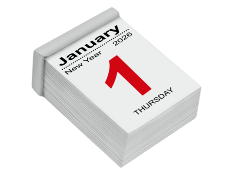 Calendar 2026  January 1  New Year Thursday isolated on transparent background PNG cut out