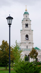View of the Astrakhan Kremlin with the Assumption Cathedral and the bell tower on a cloudy day. Astrakhan, Russia.