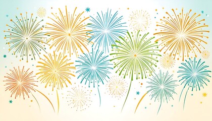Festive illustration of colorful fireworks exploding against a soft gradient background with stars and light particles