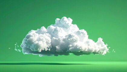 Fluffy white cloud floating above a solid green ground and background, softly lit and slightly diffused