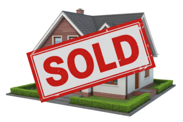 A modern residential house with a prominent red "SOLD" sign diagonally across it, indicating a successful real estate transaction. background removed