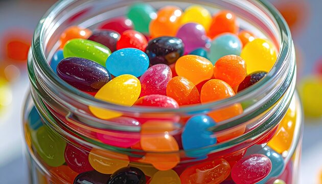 Close up of a glass jar filled with colorful assorted jelly beans and sweets in bright sunlight with bokeh background - Powered by Adobe