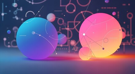 Abstract 3D spheres with neon lights and floating grid background