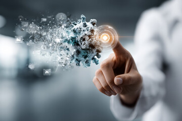 Doctor touching digital interface with virus molecule representing modern healthcare technology and medical innovation