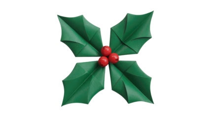 Decorative paper holly sprig with four green leaves and three red berries, centered on a solid transparent background. background removed