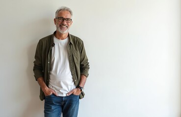 Fototapeta premium Happy mature man with grey hair, beard smiles broadly at camera. Wears modern glasses, white t-shirt, olive green shirt with blue jeans. Confident guy stands with hands in pockets, isolated on bright