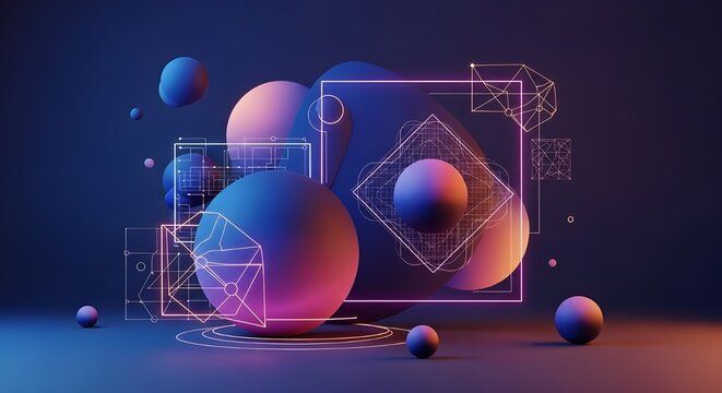 Minimal futuristic spheres with neon glow in blue and pink tones. - Powered by Adobe