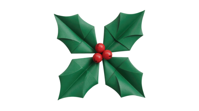 Decorative paper holly sprig with four green leaves and three red berries, centered on a solid transparent background. background removed