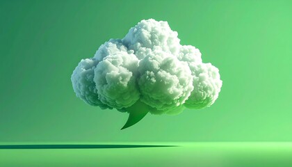 Fluffy white cloud speech bubble floating on a serene green backdrop, casting a soft shadow