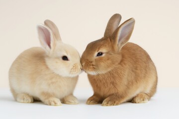 Obraz premium Two young rabbits touching noses on white background close up