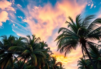 Fototapeta premium Lush tropical background of swaying palm trees under a vibrant sky, coconut trees, nature photography