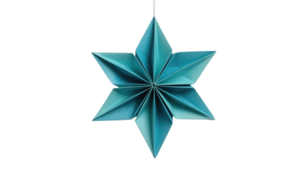A beautiful teal origami star decoration, meticulously folded with six points, hanging against a dark transparent background. Perfect for festive themes. background removed