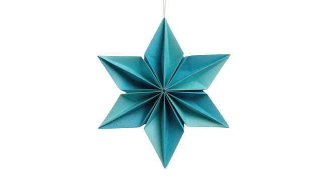 A beautiful teal origami star decoration, meticulously folded with six points, hanging against a dark transparent background. Perfect for festive themes. background removed