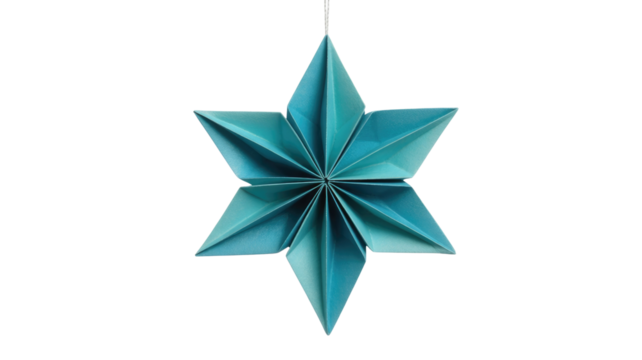A beautiful teal origami star decoration, meticulously folded with six points, hanging against a dark transparent background. Perfect for festive themes. background removed