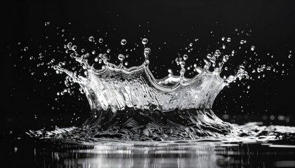 Abstract Splash of Clear Water Forming a Crown Shape Against a Dark Background with Reflective Surface and Tiny Droplets Suspended in the Air