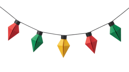 A decorative string of five diamond-shaped origami lights in festive red, green, and yellow, perfect for holiday celebrations or party decor. background removed