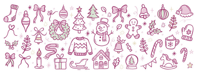 Set of coquette hand drawn Christmas doodles. Vintage ink drawings sketch style. festive icons snowman, gifts, mittens, wreath, trees, and candy canes gift, bows, stars, winter holiday for printing
