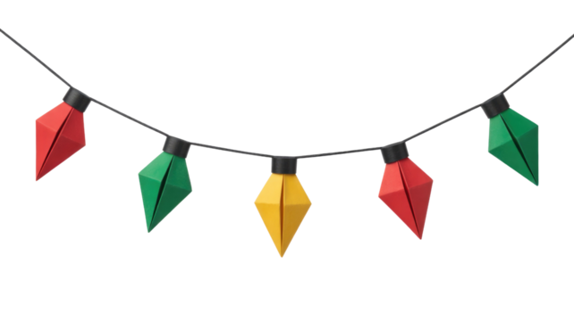 A decorative string of five diamond-shaped origami lights in festive red, green, and yellow, perfect for holiday celebrations or party decor. background removed