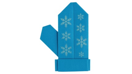 A vibrant blue origami mitten adorned with delicate snowflake patterns, evoking a festive winter and holiday spirit. background removed