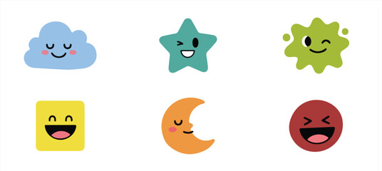 Cute cartoon emotion faces set, colorful smiling cloud, star, moon and shape characters for kids illustration design