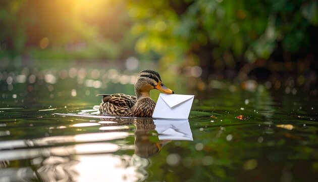 Duck swimming in water with a white envelope in its beak, sunlit background with lush greenery