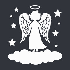 Fototapeta premium Angel silhouette standing on cloud under stars – Suitable for Christmas themes, spiritual art, or celestial illustration projects