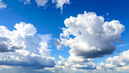 Fluffy white cumulus clouds drift across a vibrant blue sky, creating a picturesque, serene, and airy composition