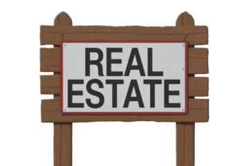 A realistic 3D render of a wooden 'REAL ESTATE' sign, ready for property marketing or informational display, isolated on a transparent background. background removed