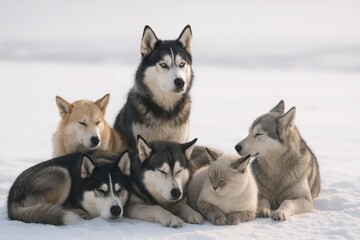 Fototapeta premium Group of huskies and a cat resting together on snow outdoors