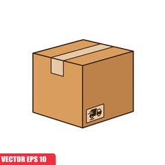 A cartoon-style illustration of a sealed cardboard box, featuring brown tape and a small icon of a shipping truck.