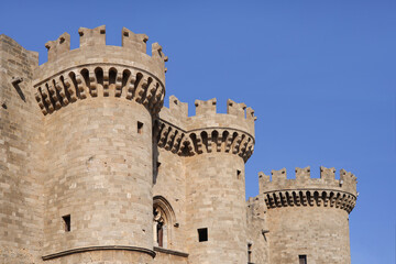 Close-up view of the columns at the entrance of the Knights Grand Master Palace in Rhodes, Dodecanese Islands - Greece