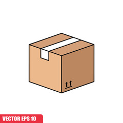 Isometric view of a brown cardboard box with black outlines, sealed with white tape and marked with upward-pointing arrows.