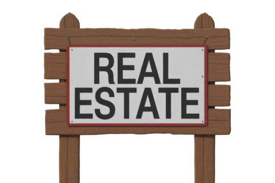 A realistic 3D render of a wooden 'REAL ESTATE' sign, ready for property marketing or informational display, isolated on a transparent background. background removed