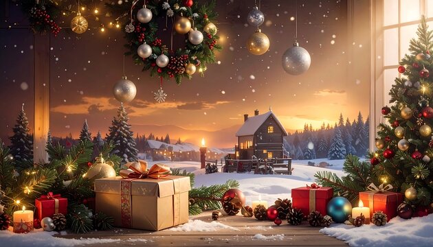 Festive scene with gifts, lit tree, and snowy vista from a window framed with pine and holiday decorations