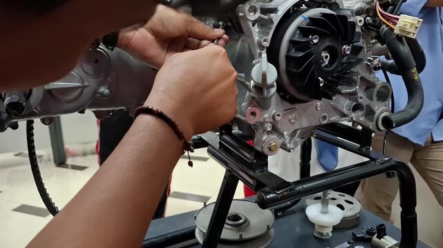 Mechanic Repairing Scooter Motorcycle Engine in Garage Workshop Close-up