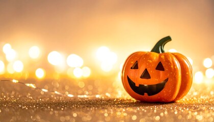 Festive, small pumpkin with a carved happy face rests on glittering surface, illuminated by bokeh lights behind