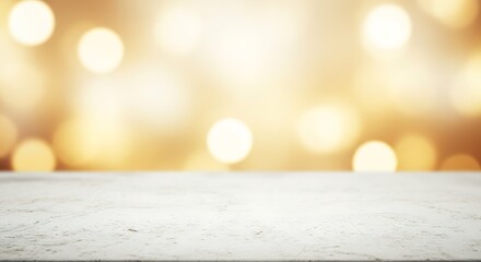Elegant blurred golden light bokeh background with white surface